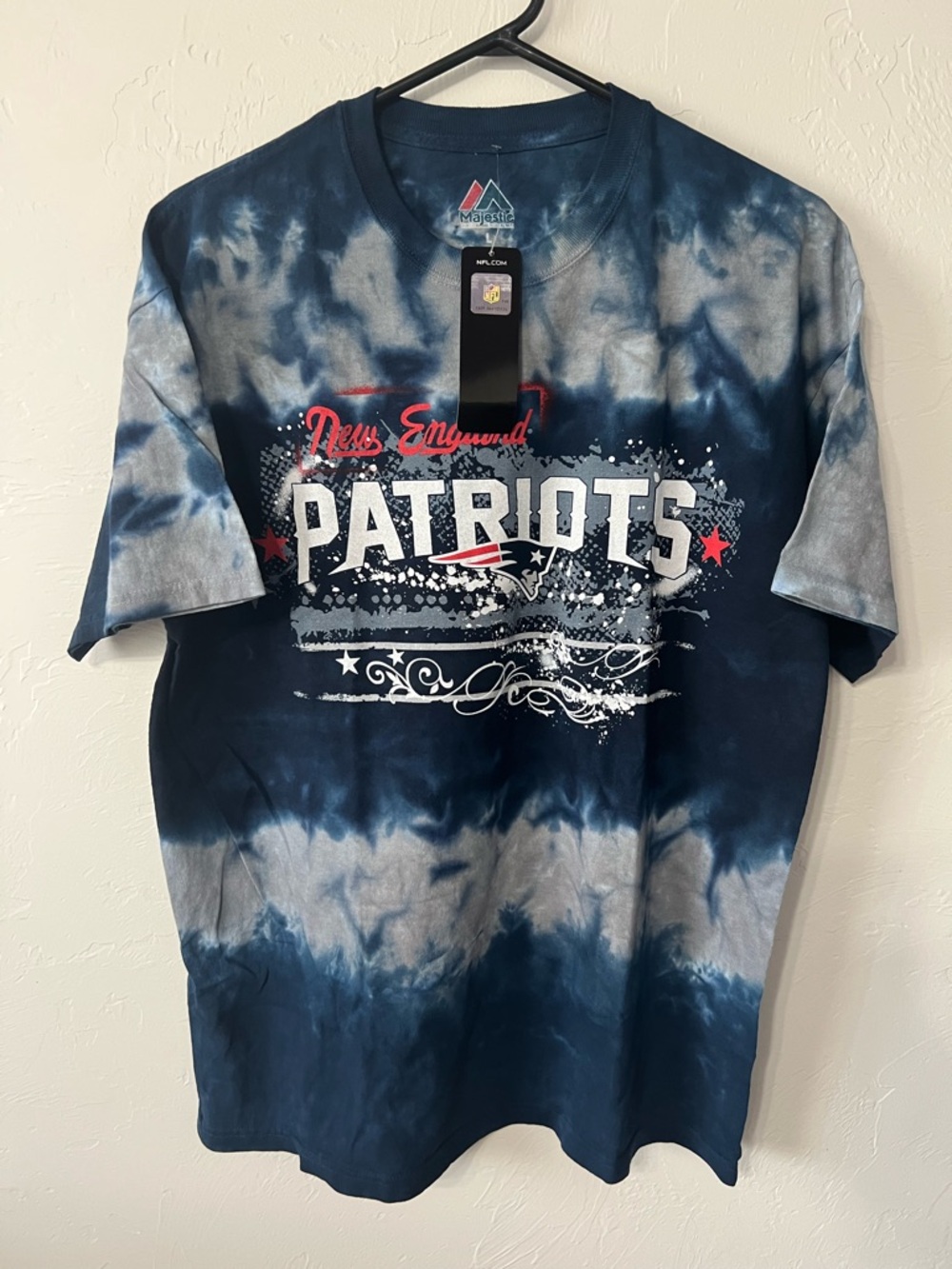 New England Patriots Navy, White and Red Tie-Dye Tee Majestic Tag